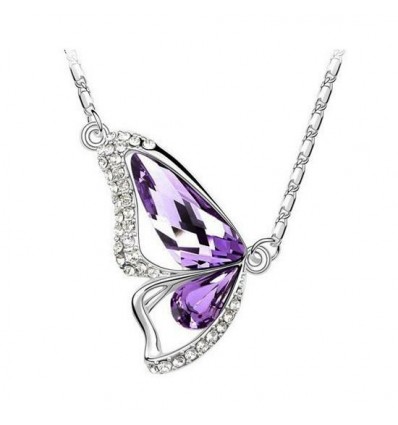 Collier pendentif motif papillon violet dominant cristal autrichien et acier. 