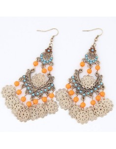 BOUCLES D' OREILLES CASCADE DE PERLES ORANGE BLEUE