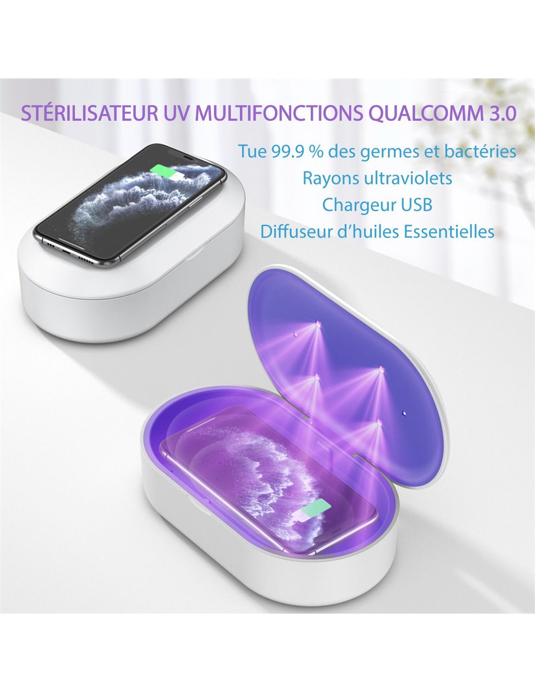 Stérilisateur UV Desinfection pour Téléphone Portable, Stérilisateur UV  professionnel avec Fonction d'aromathérapie, Portable UV pour smartphone  99,9%
