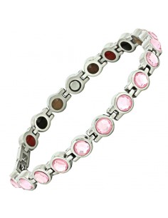 BRACELET MAGNÉTIQUE ACIER CRISTAUX ROSES POUR FEMME DE MAGNETOTHERAPIE